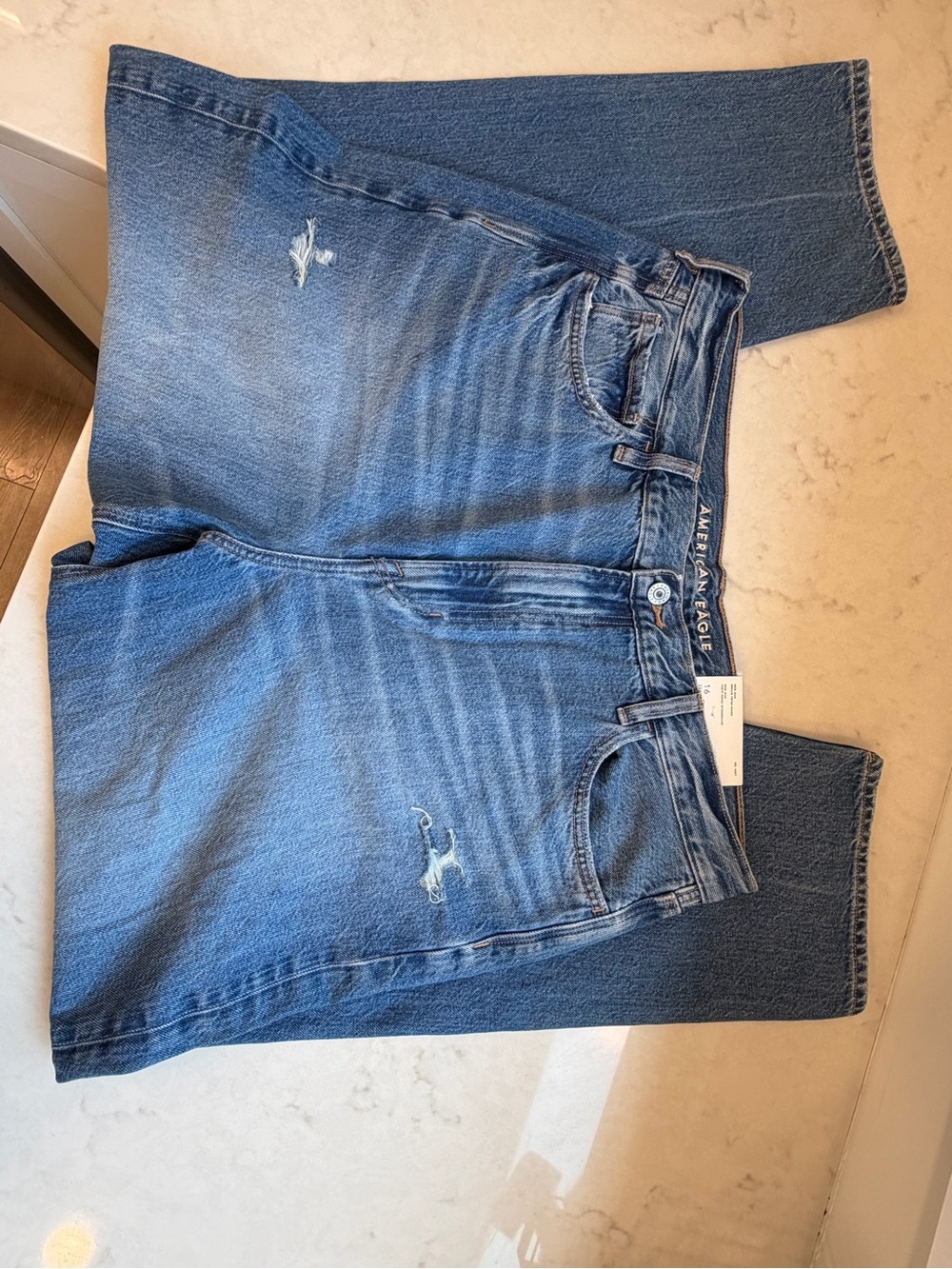 American Eagle Mom Jeans Size 16 33W Medium Wash Distressed Denim